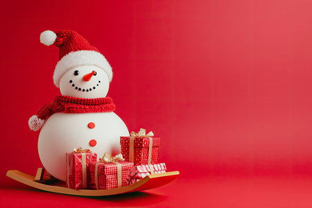 Snowman with Christmas gifts on the sledge isolated on red backgroundの素材