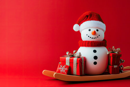 Snowman with Christmas gifts on the sledge isolated on red backgroundの素材