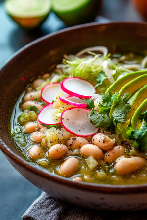 Traditional mexican green pozole soup on wooden tableの素材