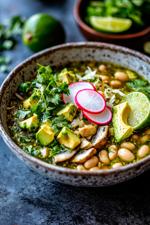 Traditional mexican green pozole soup on wooden tableの素材