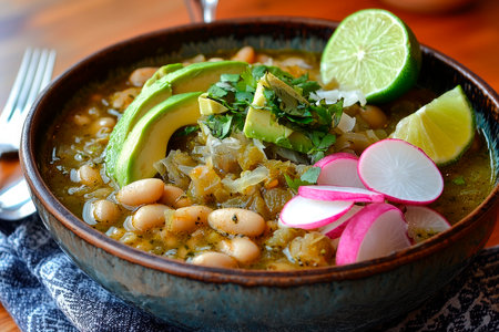 Traditional mexican green pozole soup on wooden tableの素材