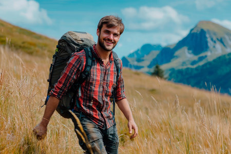 Portrait of a young mountaineer smiling with the mountains in the backgroundの素材