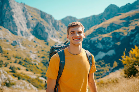 Portrait of a young mountaineer smiling with the mountains in the backgroundの素材