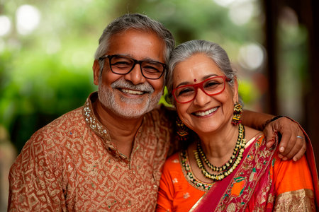 portrait of a happy indian senior couple in ethnic wearの素材