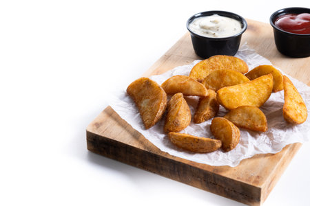 Fried potato wedges isolated on white background.の写真素材