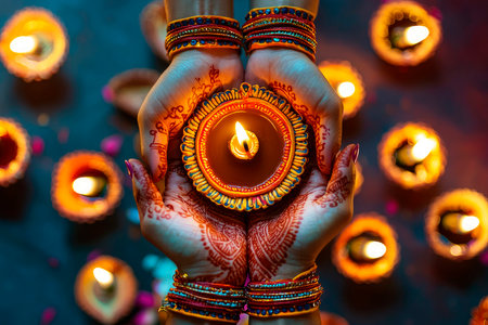 close up Women holding lit diya lamp in handsの素材