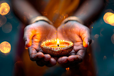 close up Woman holding lit diya lamp in handsの素材