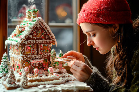 Woman in red hat building gingerbread houseの素材