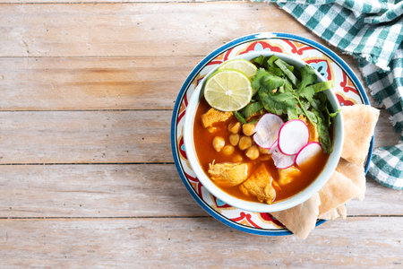 Traditional mexican red pozole soup on wooden tableの写真素材