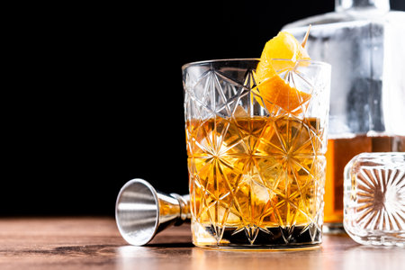 Old fashioned cocktail garnished with orange on wooden tableの写真素材