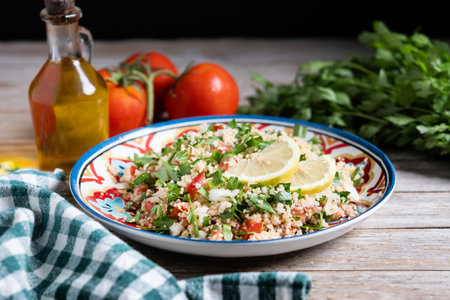Tabbouleh salad with couscous on wooden tableの写真素材