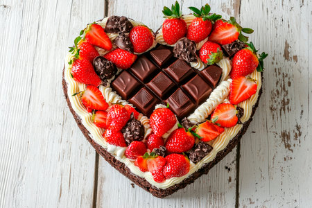 Heart shaped strawberry cake for Valentine's Day on white wooden table. Top view. Copy spaceの素材
