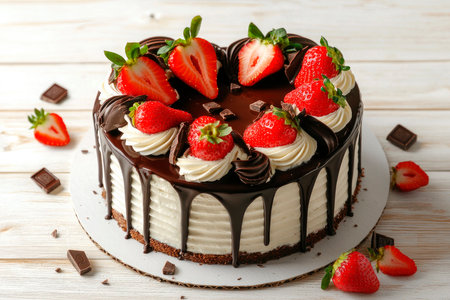 Strawberry and chocolate cake on white wooden table.の素材