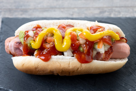 Sonoran hot dog. Traditional Mexican hot dog on wooden tableの写真素材