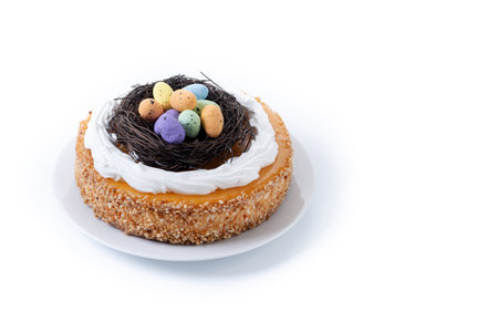Homemade Easter egg cake isolated on white background. Copy spaceの写真素材