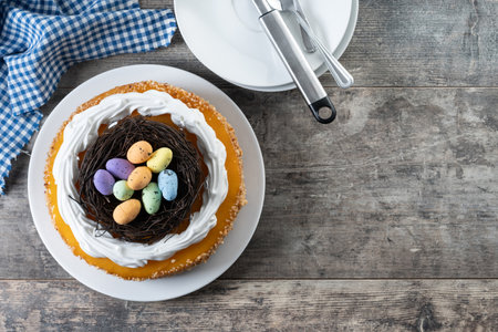 Homemade Easter egg cake on wooden table
