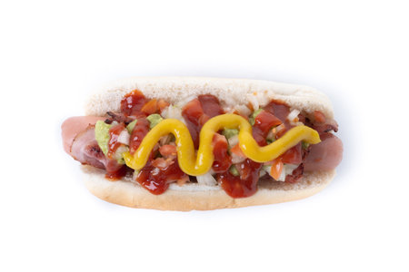 Sonoran hot dog. Traditional Mexican hot dog isolated on white backgroundの写真素材