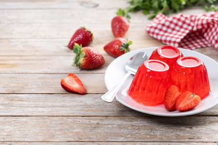 Fresh strawberry jelly on wooden tableの写真素材