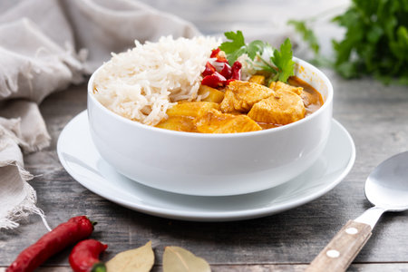Massaman curry in bowl on wooden table. Traditional Thai food recipe.の写真素材