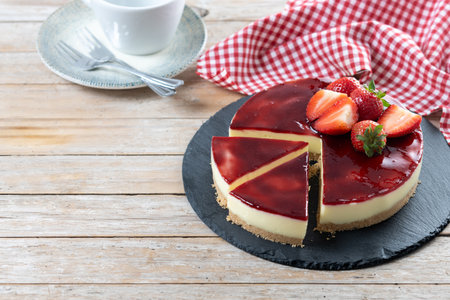 Slice of cheesecake with strawberries on wooden tableの写真素材