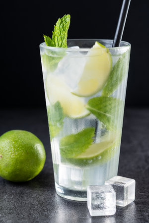 Classic Mojito Cocktail with Lime and Mint on black slate backgroundの写真素材