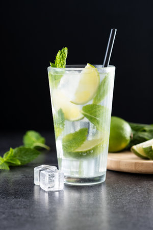Classic Mojito Cocktail with Lime and Mint on black slate backgroundの写真素材