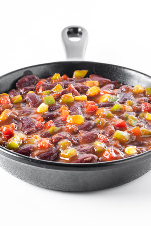 Mexican chilli beans with vegetables isolated on white backgroundの写真素材
