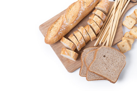 Assortment of Bread Products on white marble background