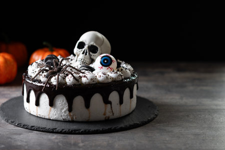 Spooky Halloween chocolate Cake with Skull, Eyeball, and Spider Decoration on dark backgroundの写真素材