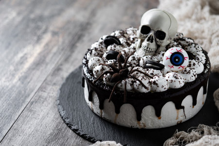 Spooky Halloween chocolate Cake with Skull, Eyeball, and Spider Decoration on dark backgroundの写真素材