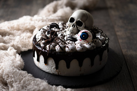 Spooky Halloween chocolate Cake with Skull, Eyeball, and Spider Decoration on dark backgroundの写真素材