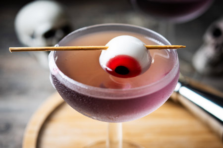 Halloween cocktail garnished with candy eye on wooden tableの写真素材