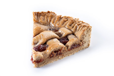 Slice of traditional Pastafrola pie with guava filling, also known as Cuban pae isolated on white backgroundの写真素材