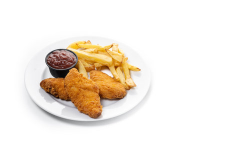Crispy fried chicken tenders with french fries isolated on white backgroundの写真素材