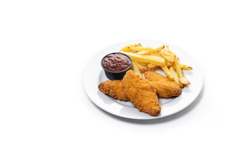 Crispy fried chicken tenders with french fries isolated on white backgroundの写真素材