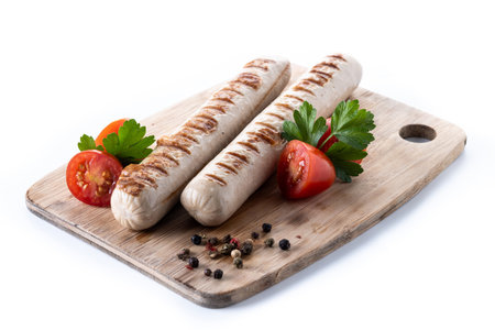 Grilled Bratwurst sausages with cherry tomatoes and parsley isolated on white backgroundの写真素材