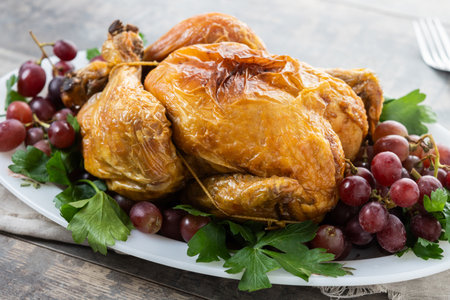 Thanksgiving dinner on rustic wooden table with turkey, mashed potatoes, ears of corn and green bean casseroleの写真素材