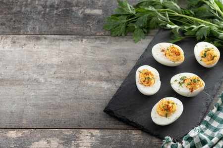 Homemade deviled eggs on wooden table