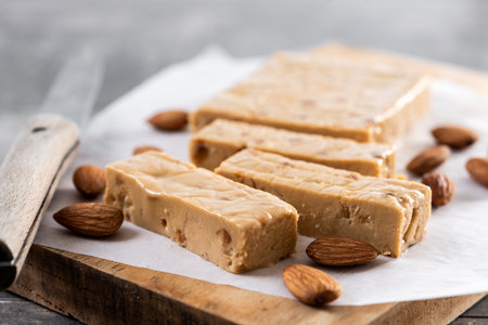 Christmas soft almond nougat bar on wooden table