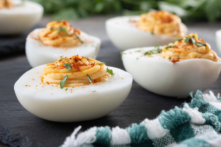 Homemade hard Boiled Deviled Eggs garnished with herbs on wooden table