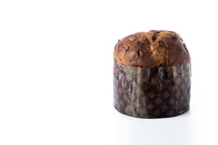 Delicious homemade Italian panettone isolated on white backgroundの写真素材