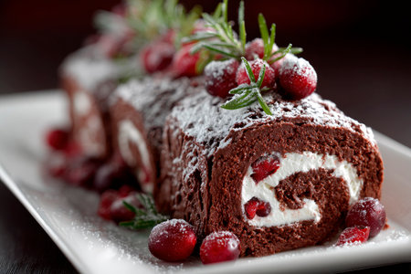 Chocolate Cranberry Holiday yule log on wooden table. Traditional christmas dessertの素材