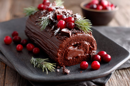 Chocolate Cranberry Holiday yule log on wooden table. Traditional christmas dessertの素材