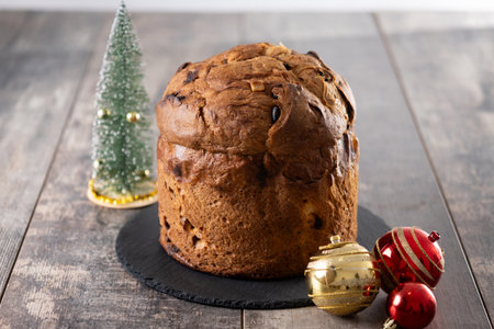 Traditional Italian Panettone on wooden table