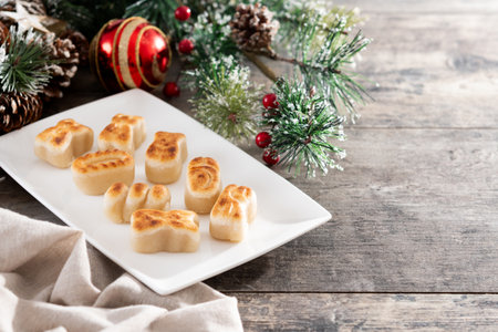 Traditional Spanish marzipan on wooden tableの写真素材
