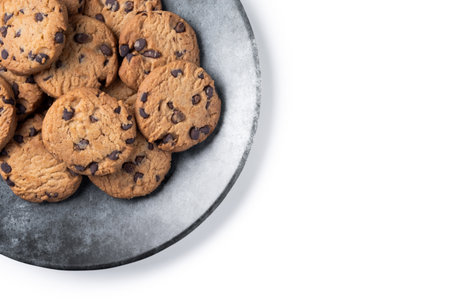 Baked chocolate chip cookies isolated on white background