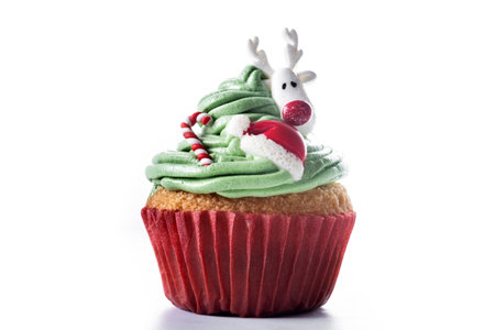 Christmas cupcake with Christmas decoration isolated on whtie backgroundの写真素材