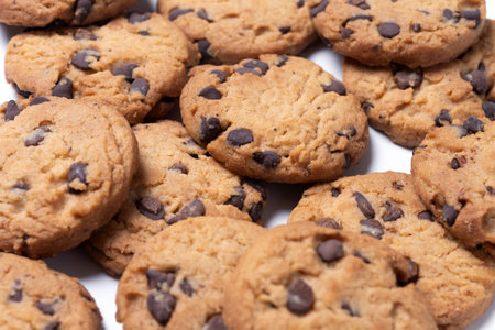 Baked chocolate chip cookies isolated on white background