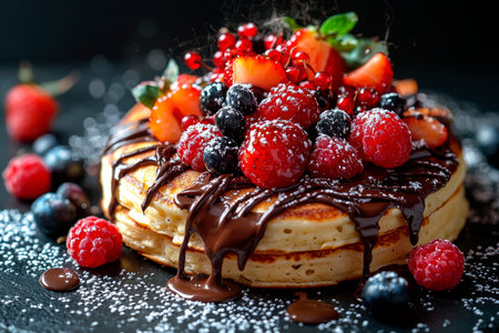 Pancakes with chocolate and fruit on black backgroundの素材