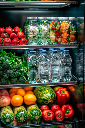 inside a well-organized refrigerator with fruits, vegetables, and waterの素材